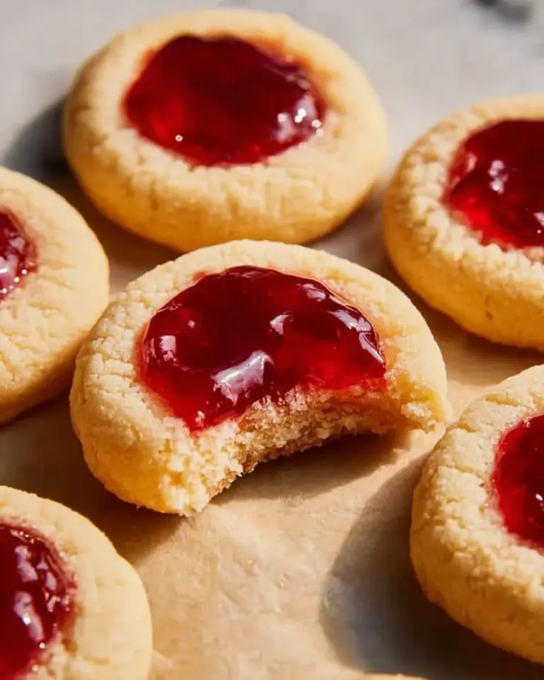 Delicious strawberry thumbprint cookies topped with vibrant strawberry jam.