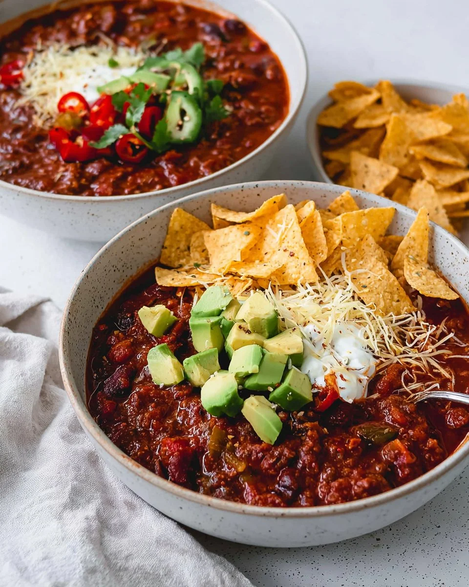 Delicious bowl of the best lentil chili topped with fresh herbs and spices