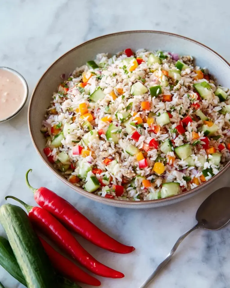 A vibrant bowl of Tuna Rice Salad with vegetables and a light dressing