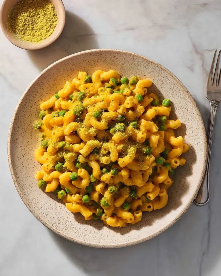 Bowl of creamy Vegan Carrot Mac and Cheese topped with fresh herbs