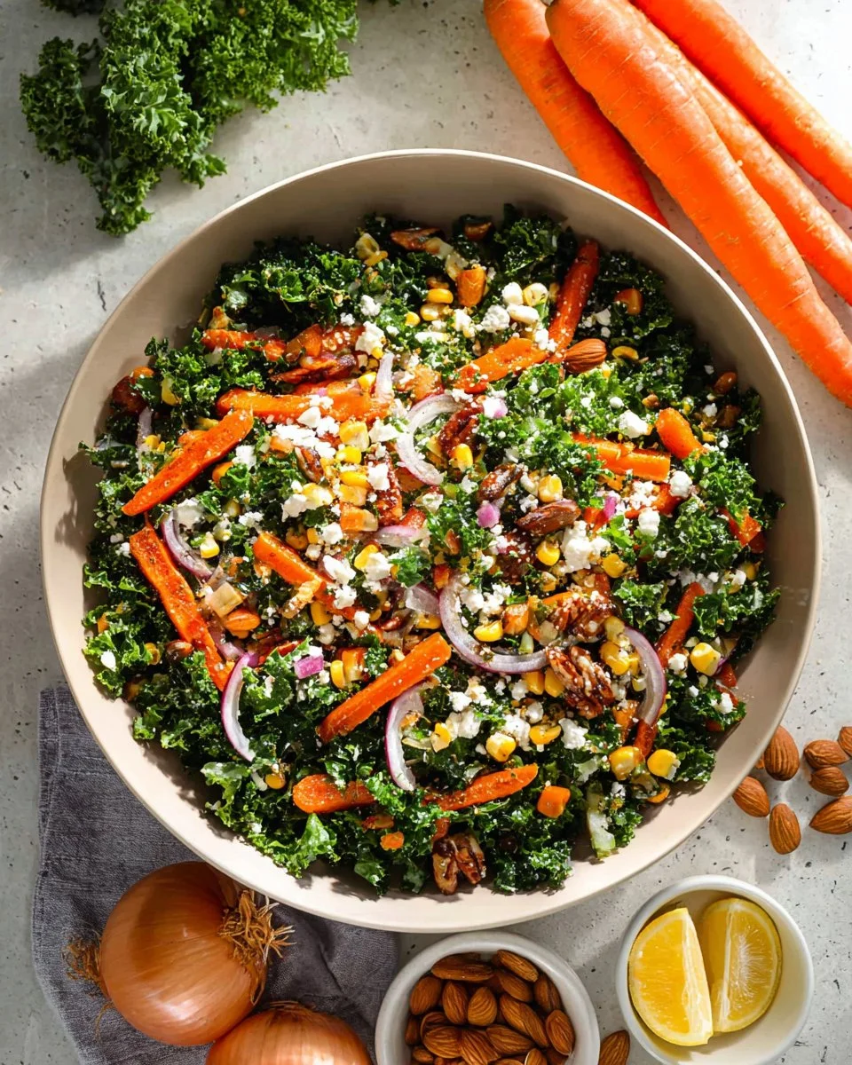 Warm kale and lentil salad topped with fresh vegetables and a light dressing