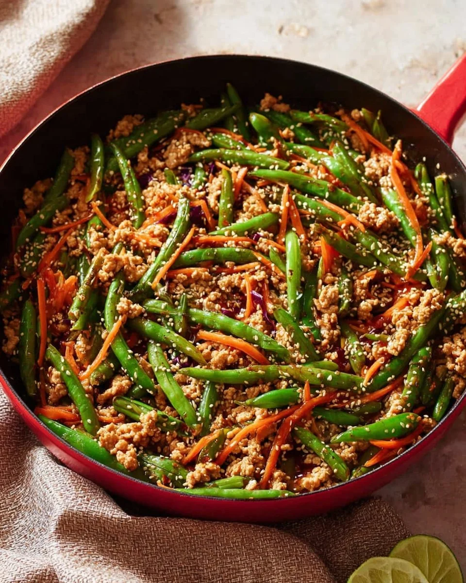 Weeknight ground turkey with green beans teriyaki served in a bowl