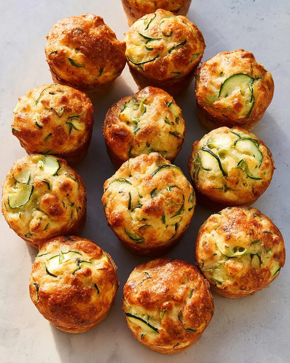Freshly baked zucchini feta muffins on a wooden table