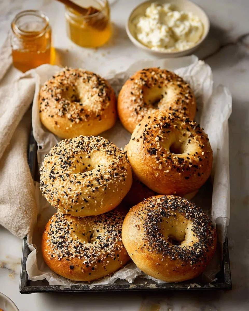6-Ingredient protein bagels topped with seeds on a wooden table