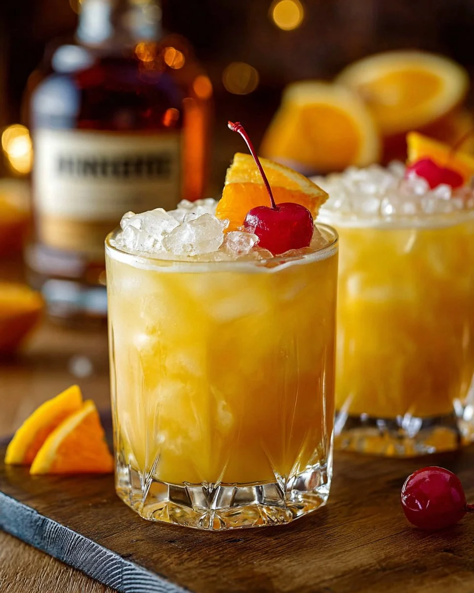Amaretto Sour cocktail in a glass with cherry and orange garnish.