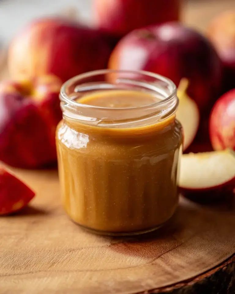 Homemade apple cider caramel sauce in a jar with drizzle on a dessert