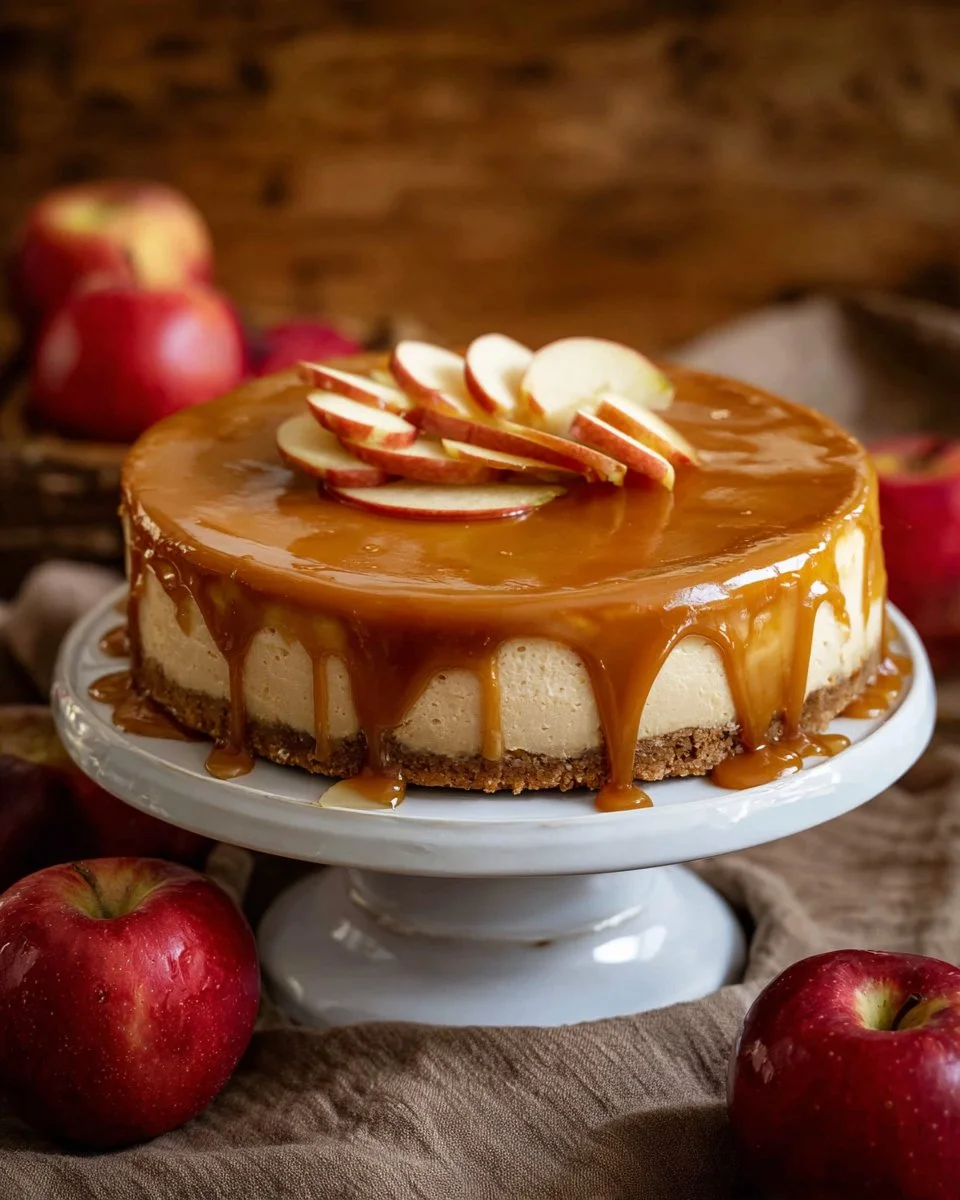 Delicious slice of Apple Cider Cheesecake with caramel drizzle on top.