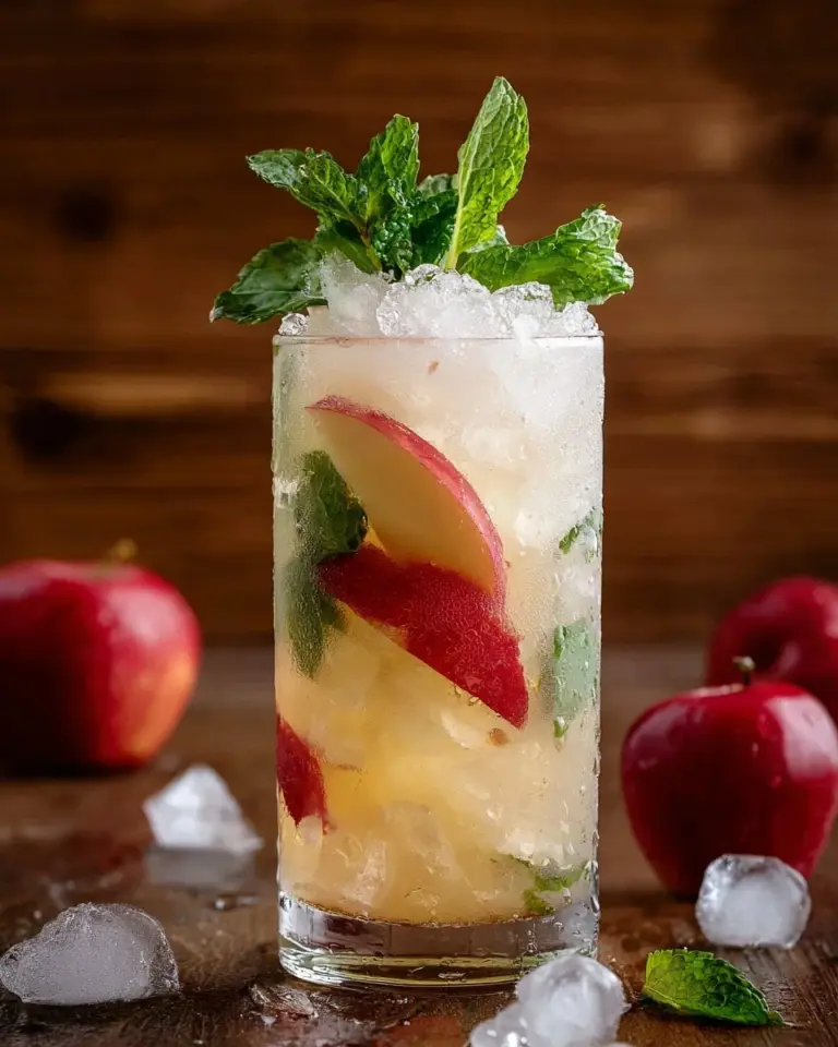 Refreshing Apple Cider Mojito cocktail with mint and apple slices.