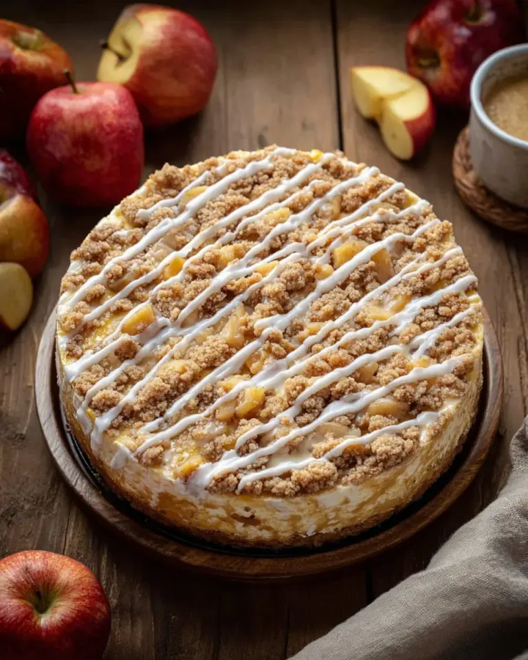 Delicious Apple Crumble Cheesecake with apple topping and crumble crust.