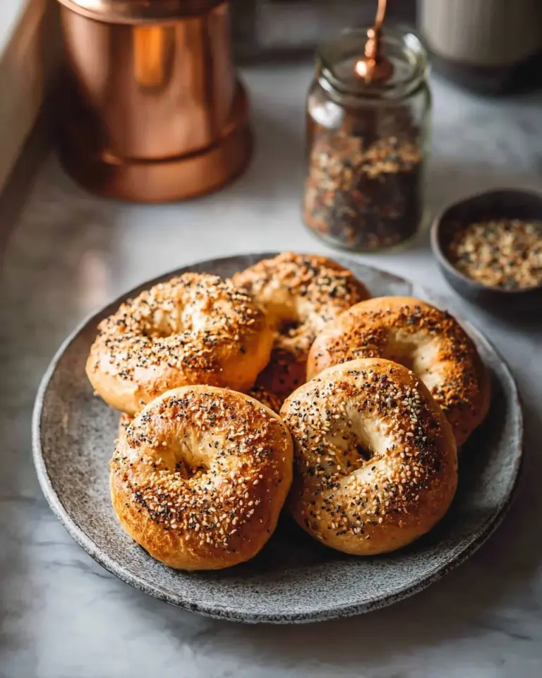Homemade baked protein bagels topped with sesame seeds and poppy seeds.