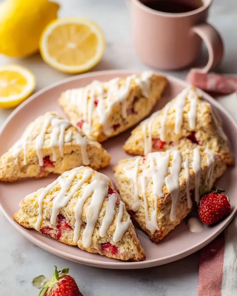 Bakery style strawberry scones topped with lemon glaze on a wooden table