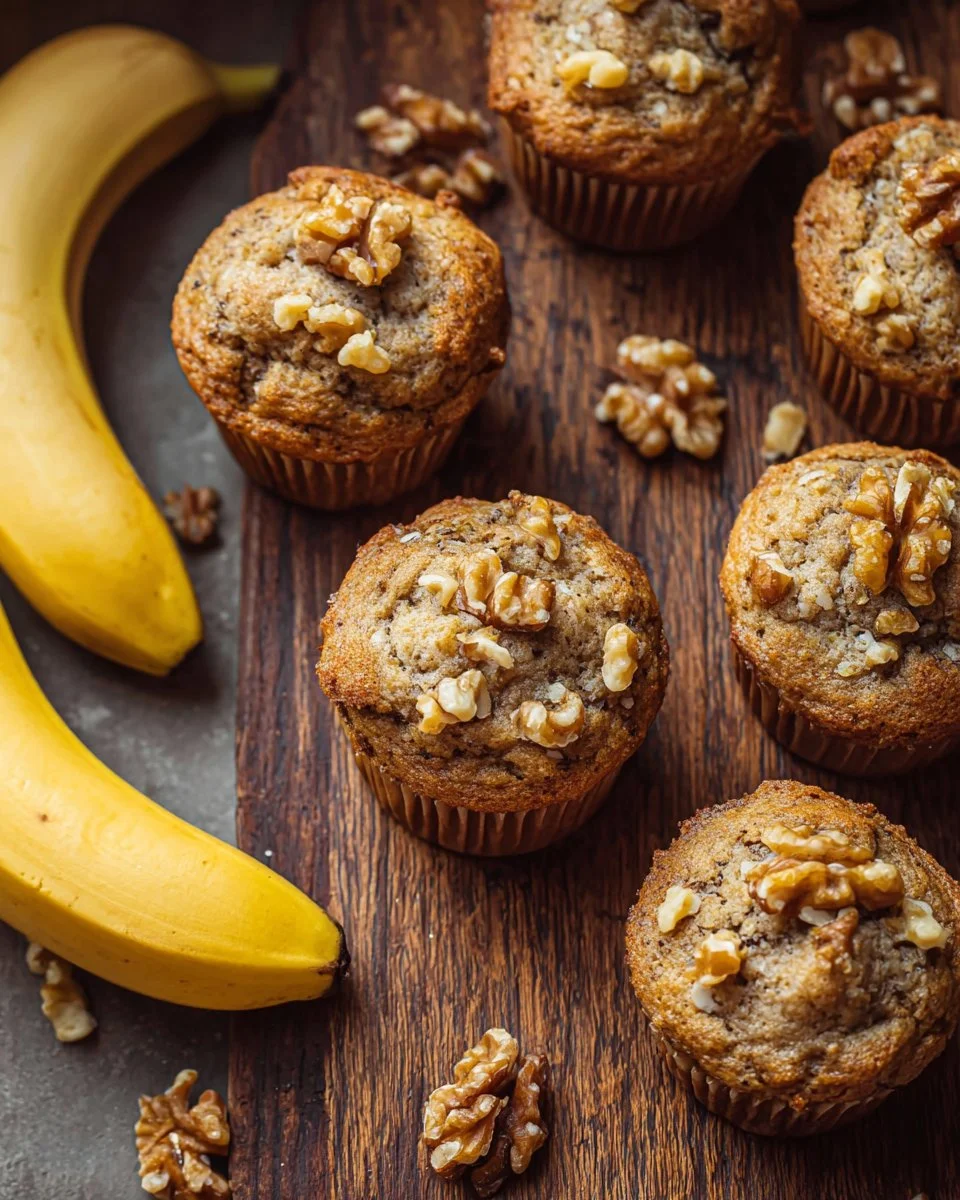 Freshly baked Banana Nut Muffins topped with walnuts, served on a wooden table.