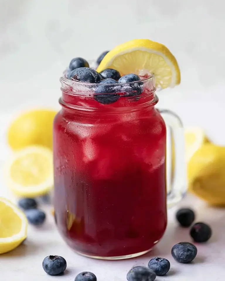 A refreshing glass of blueberry lemonade with fresh blueberries and lemon slices.