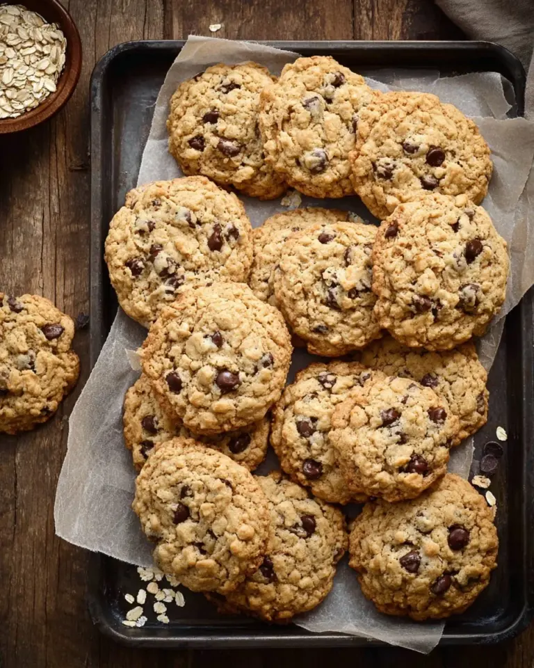 Brown butter oatmeal chocolate chip cookies on a cooling rack