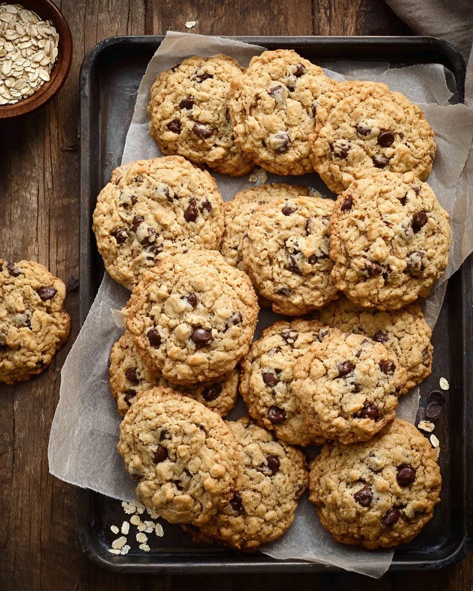 Brown butter oatmeal chocolate chip cookies on a cooling rack