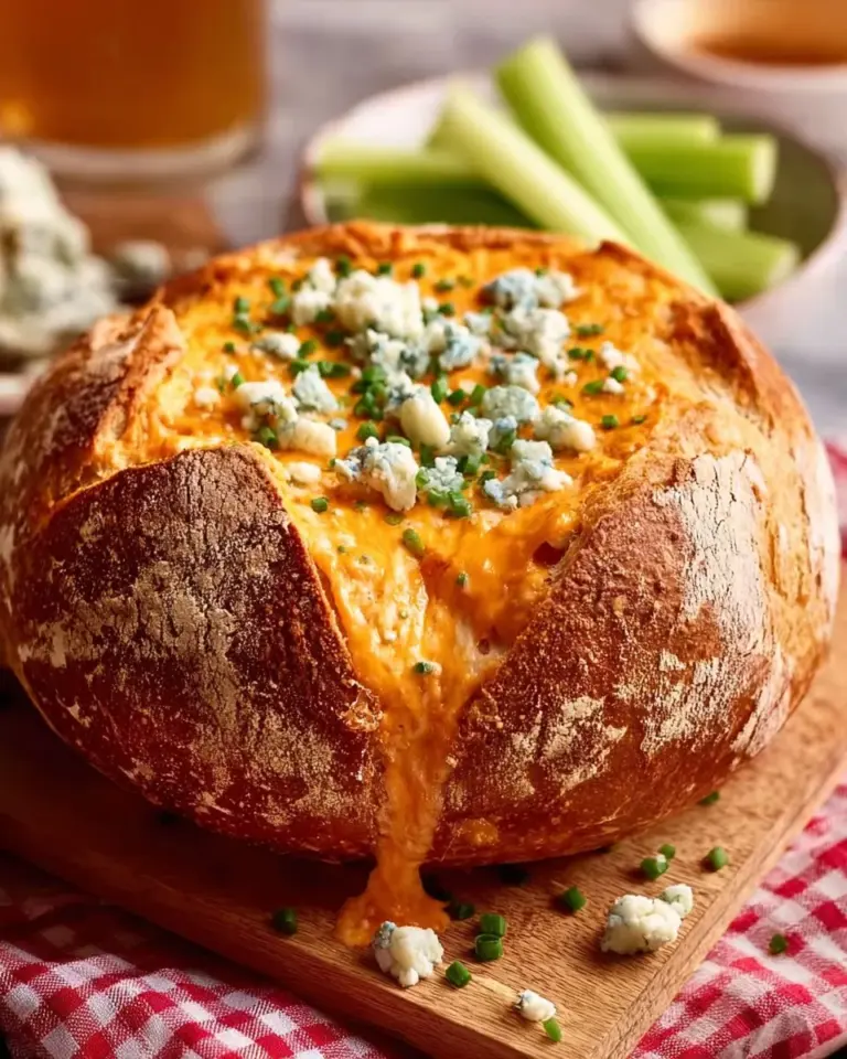 Delicious Buffalo Chicken Dip served in a homemade bread bowl