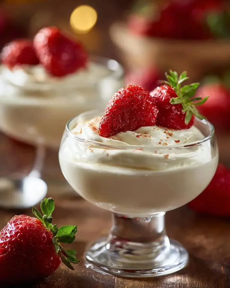 Delicious cheesecake mousse dessert in a glass with a cherry on top