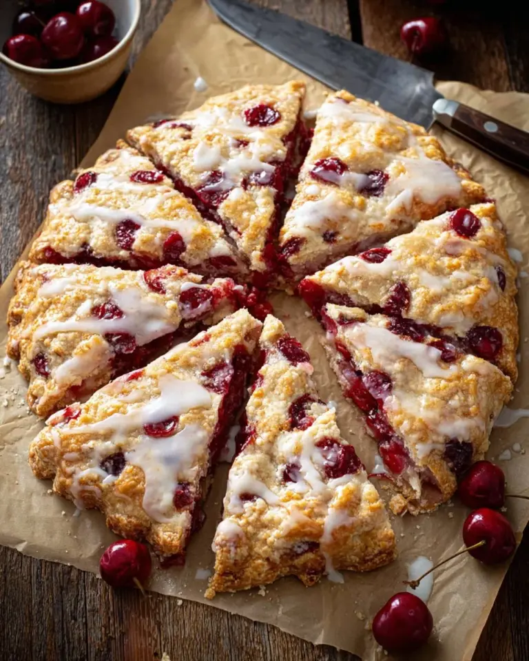 Delicious cherry dessert pizza topped with sweet cherries and cream cheese