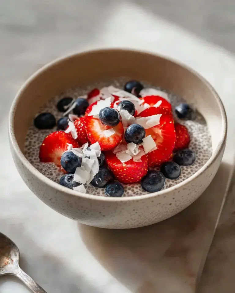 Delicious chia seed pudding in a glass topped with fresh fruits and nuts