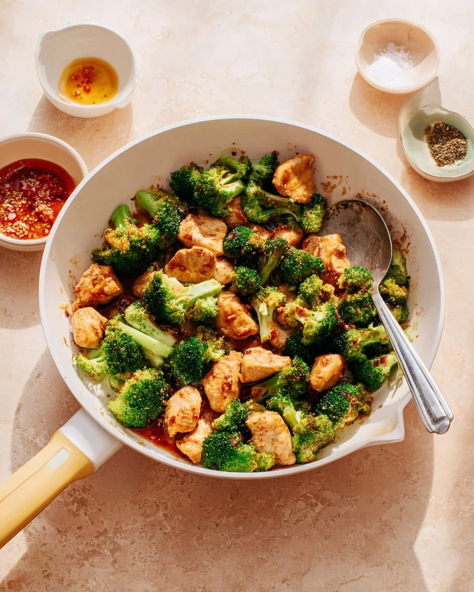 Healthy chicken and broccoli dish served in a bowl