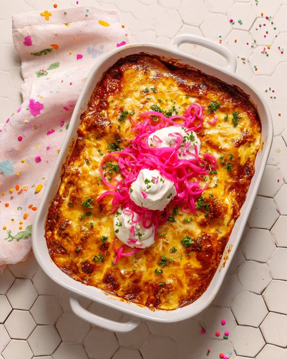 Delicious chicken enchilada casserole topped with cheese and fresh cilantro.