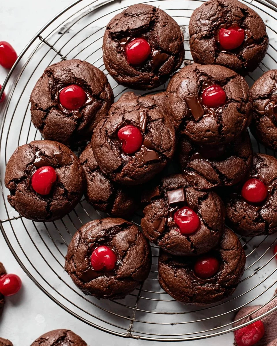 Chocolate covered cherry cookies on a white plate with cherries.