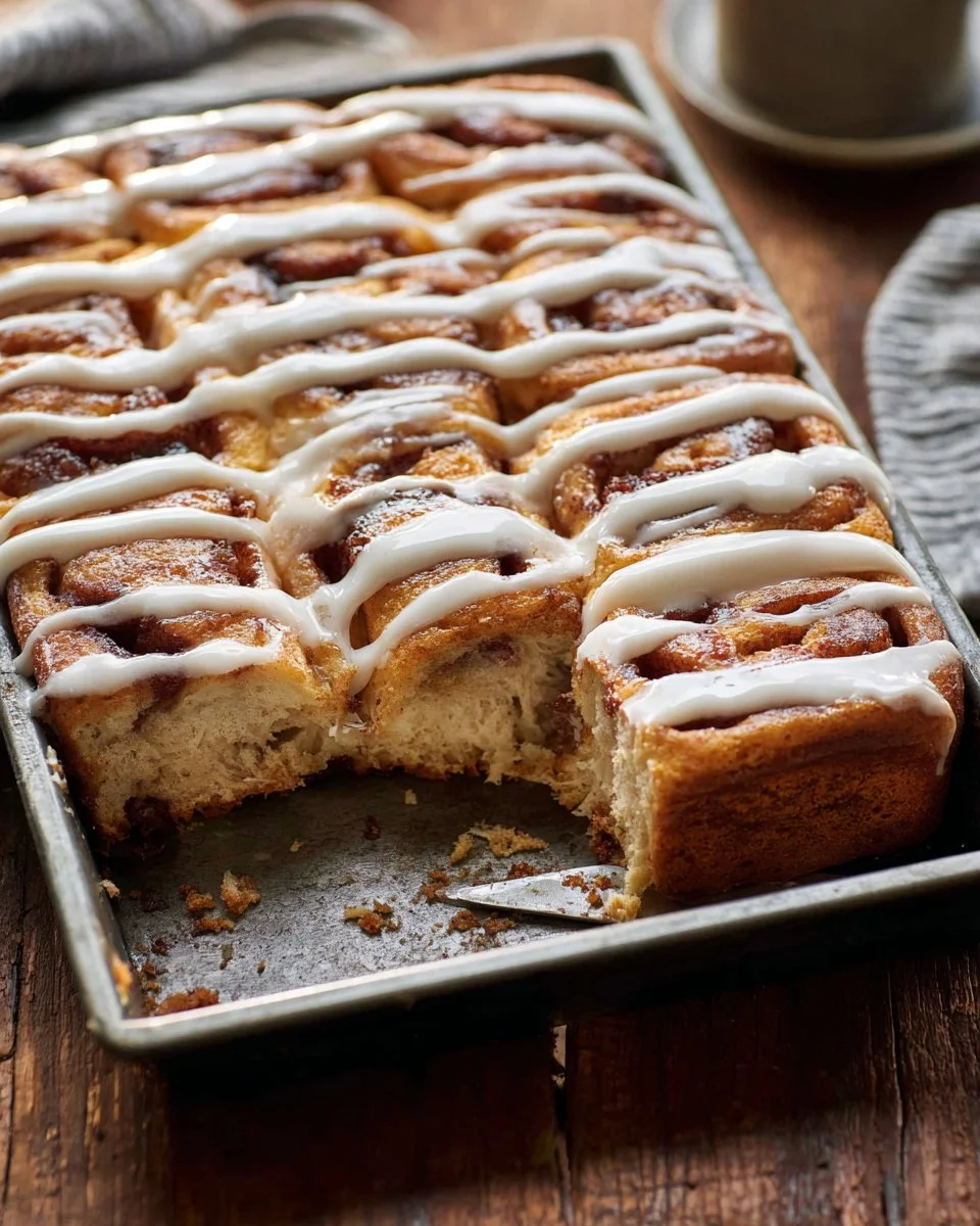 Cinnamon sugar focaccia topped with cream cheese frosting on a wooden tabletop.