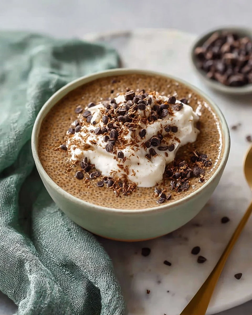Delicious coffee chia seed pudding in a glass with toppings