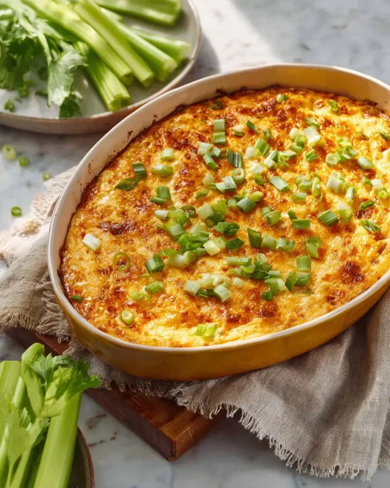 Creamy high protein buffalo chicken dip served in a bowl with tortilla chips