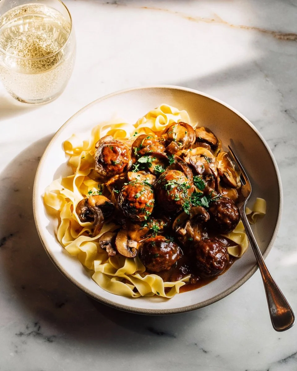 Creamy mushroom pappardelle served on a plate with herbs and parmesan