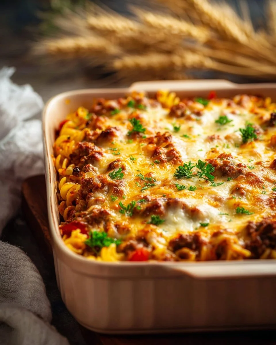 Creamy ramen noodle casserole topped with cheese and vegetables
