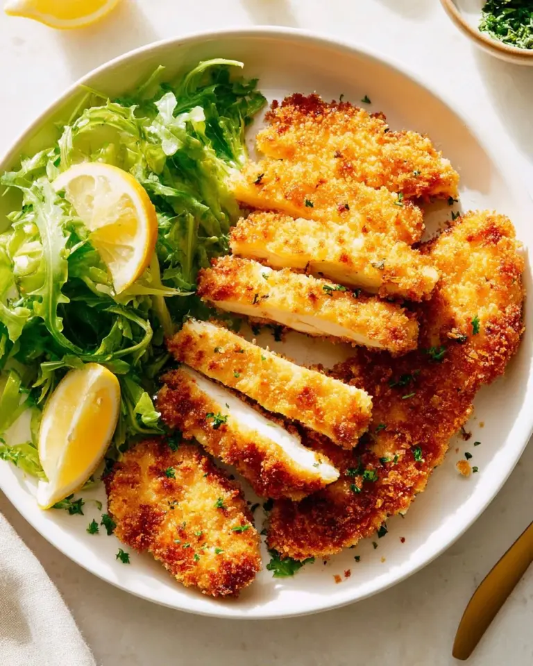 Crispy Chicken Schnitzel served with a side of lemon and salad