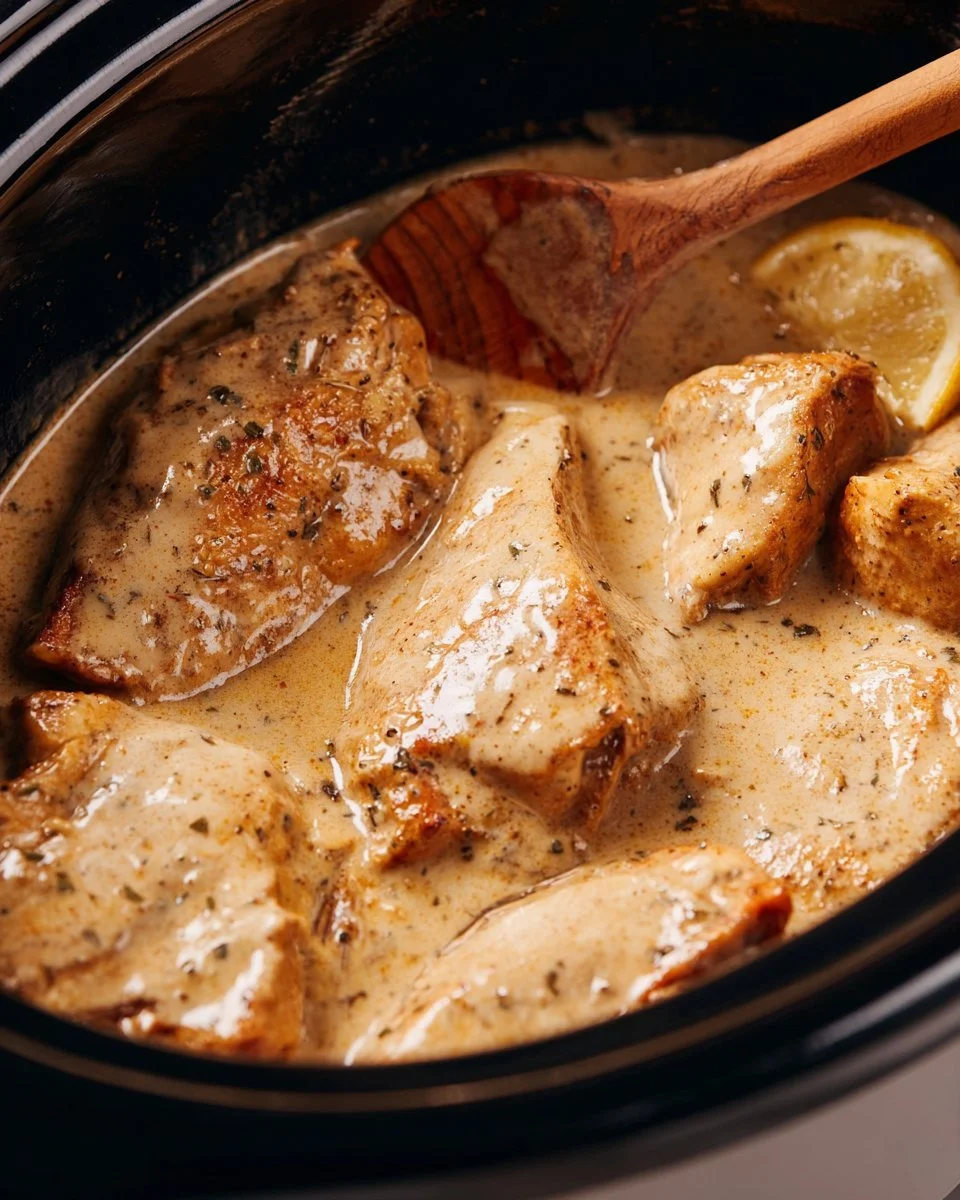 Crock Pot Garlic Parmesan Chicken garnished with parsley in a serving dish