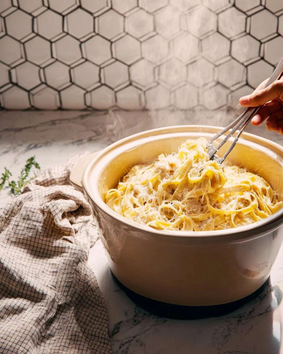 Crockpot Chicken Alfredo served in a bowl with a garnish of parsley