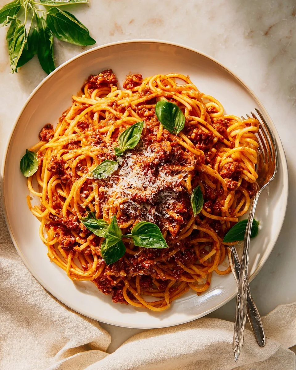 Crockpot spaghetti recipe with ground beef plated and garnished with parmesan cheese.
