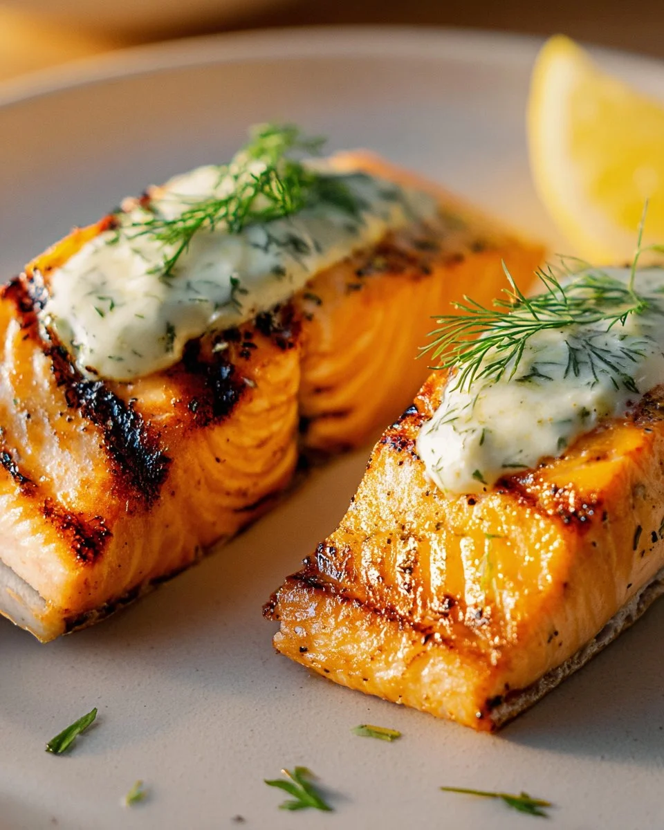 Delicious homemade dill sauce drizzled over grilled salmon