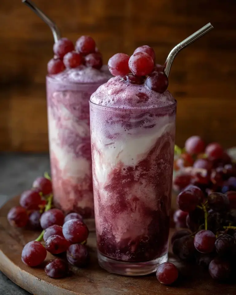 Delicious Dirty Grape Float topped with whipped cream and grapes
