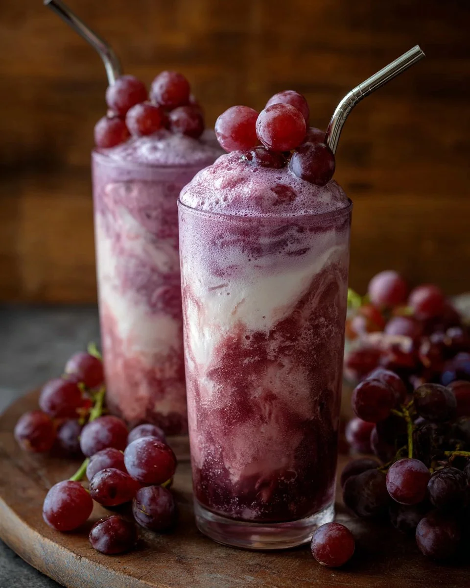 Delicious Dirty Grape Float topped with whipped cream and grapes