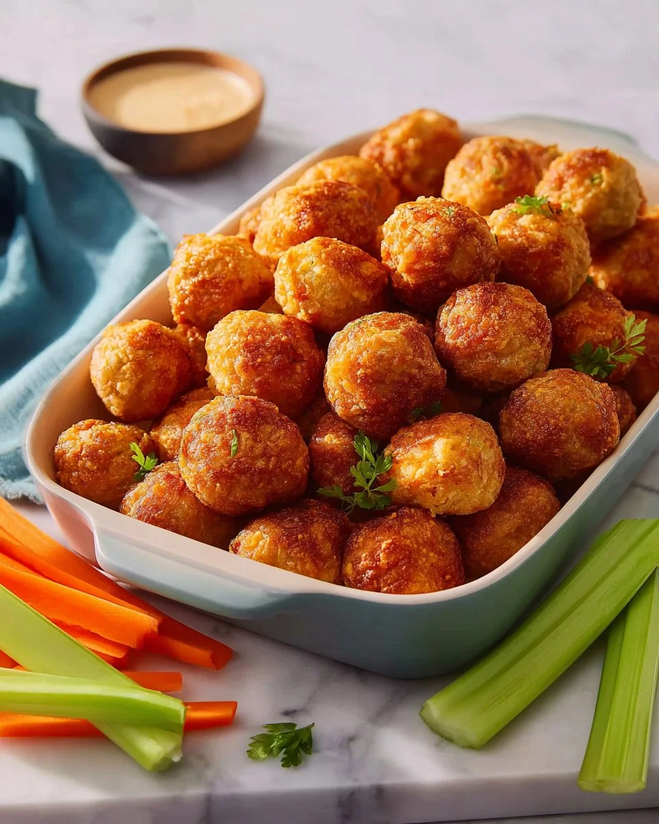 Plate of easy Buffalo Chicken Dip Balls garnished with green onions