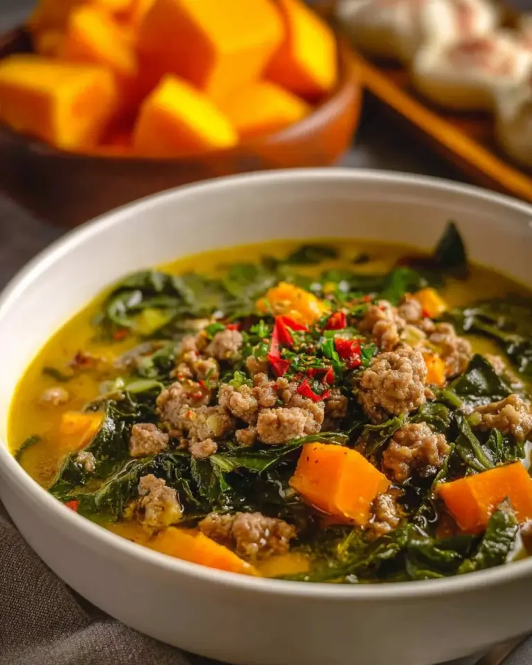 Bowl of easy ground turkey soup with sweet potatoes and vegetables