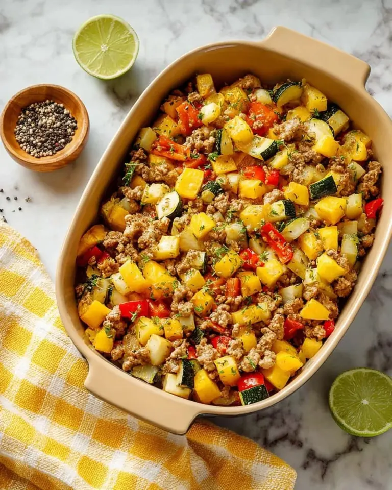 Delicious easy ground turkey hash served in a skillet with vegetables.