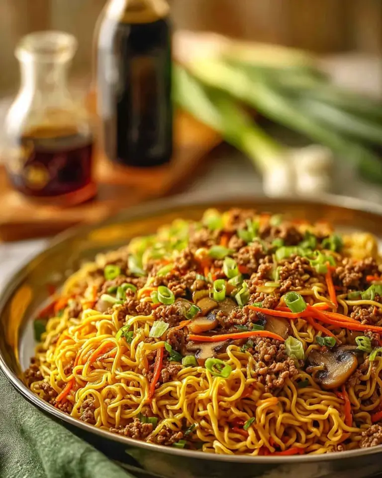 Bowl of easy ground turkey ramen noodles topped with vegetables and spices.