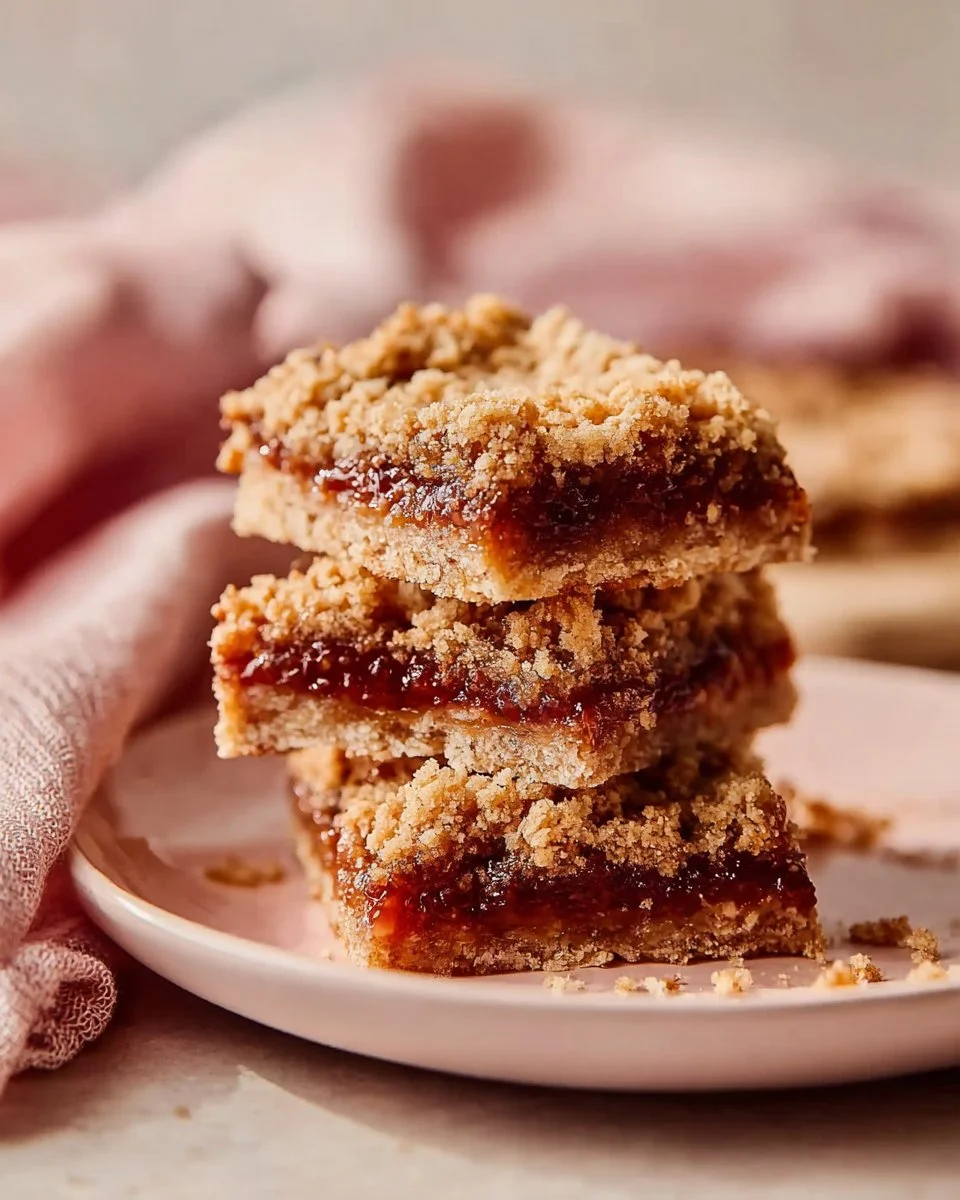 Delicious homemade oatmeal bars topped with jam on a wooden table