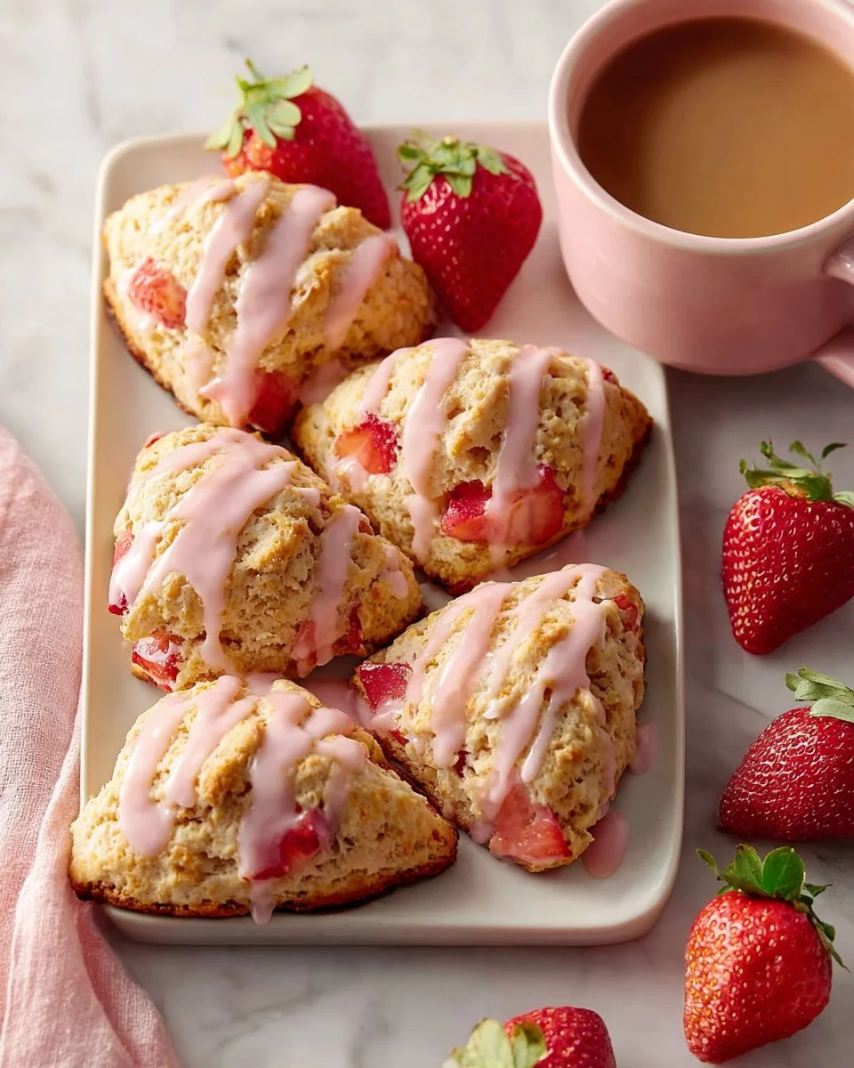 Easy strawberry scones with a delicious strawberry glaze on top.