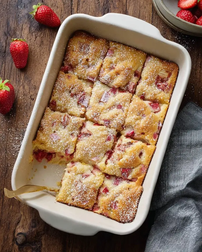 Freshly baked strawberry rhubarb cake topped with whipped cream and fresh strawberries