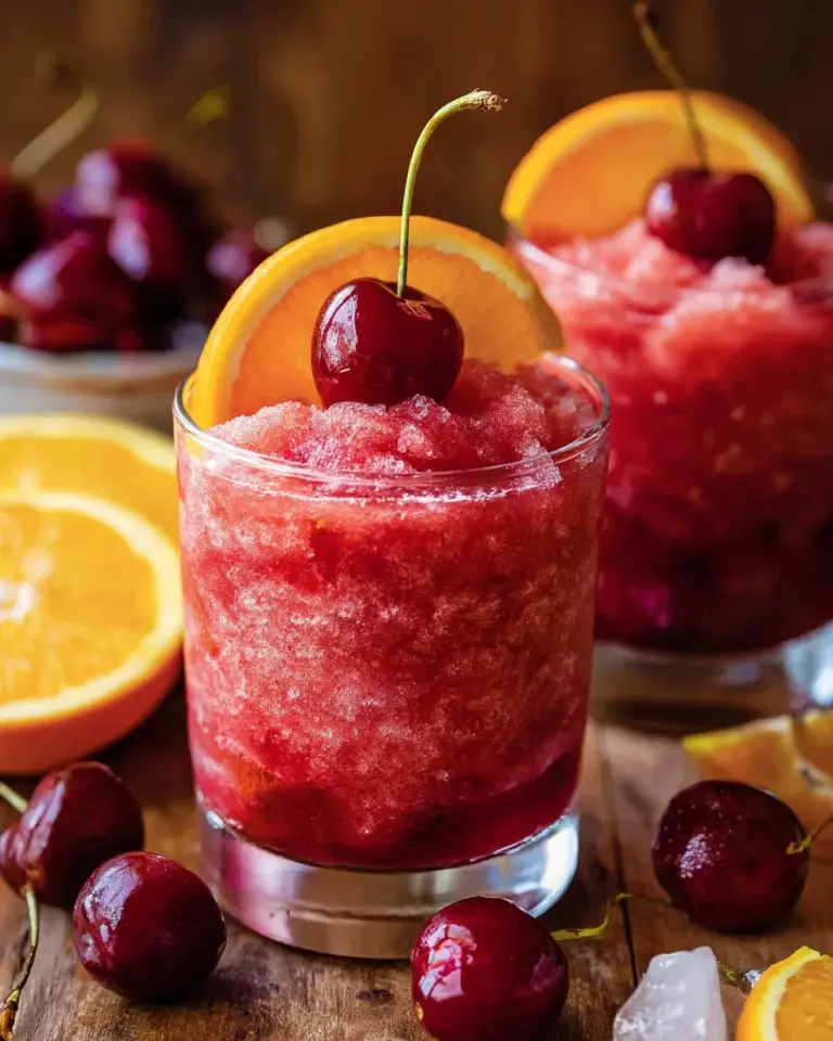 Chilled Frozen Old Fashioned cocktail garnished with orange and cherry