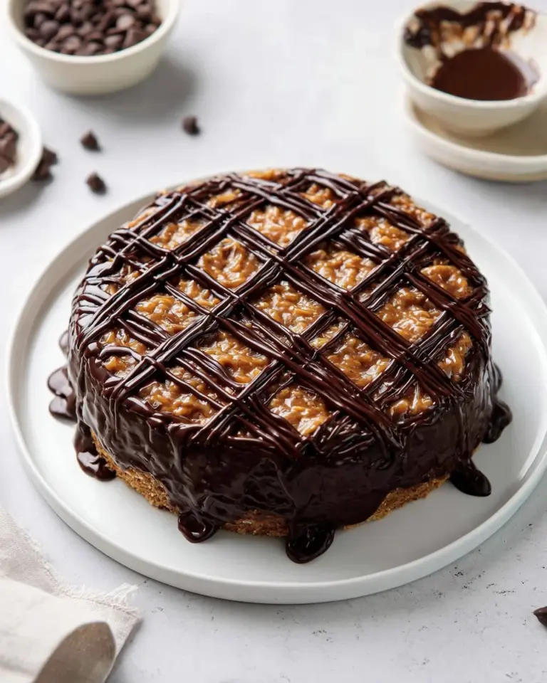 Slice of decadent German Chocolate Cheesecake topped with coconut and pecans.