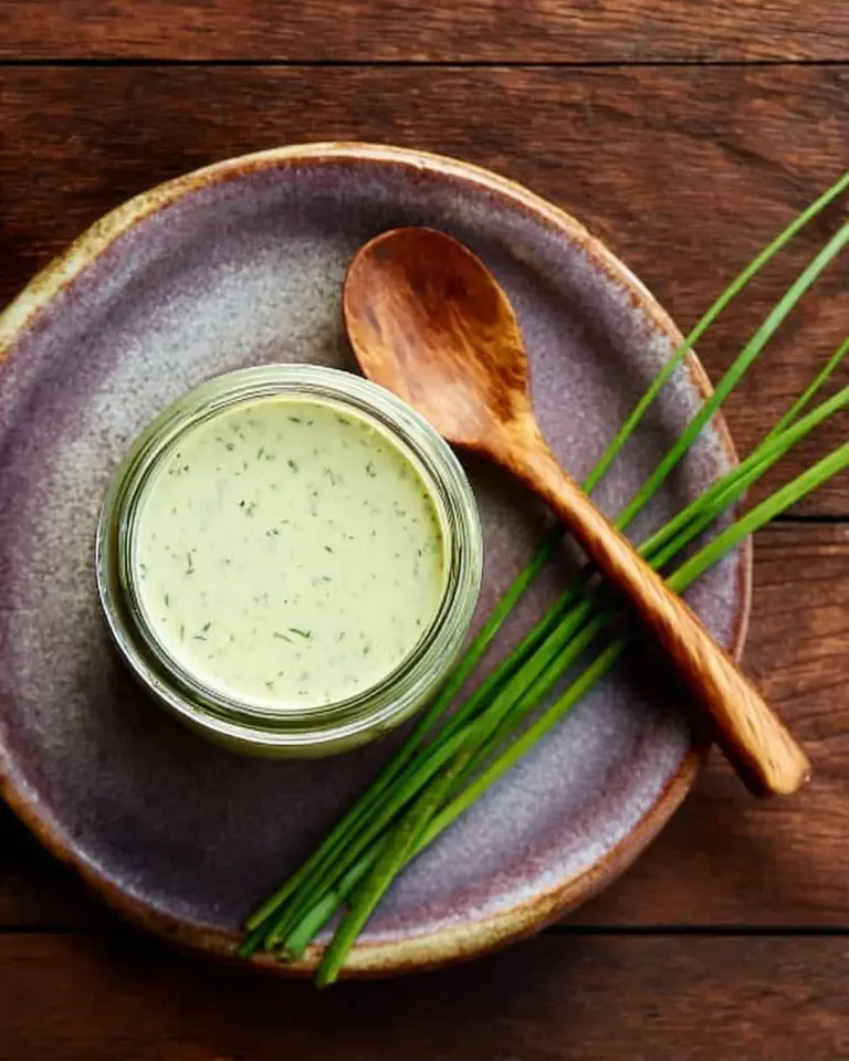 Delicious Green Goddess Dressing in a bowl with fresh herbs and vegetables.