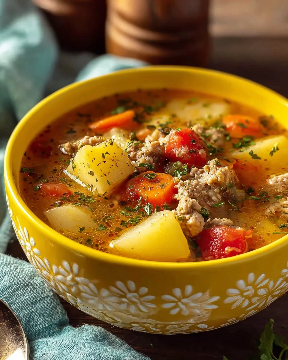 Ground turkey and potato soup in a bowl, garnished with herbs.