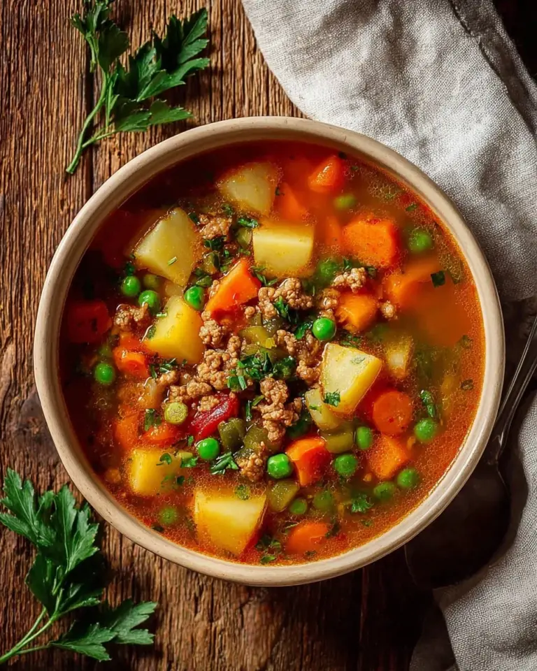 Bowl of Ground Turkey Soup with vegetables and herbs